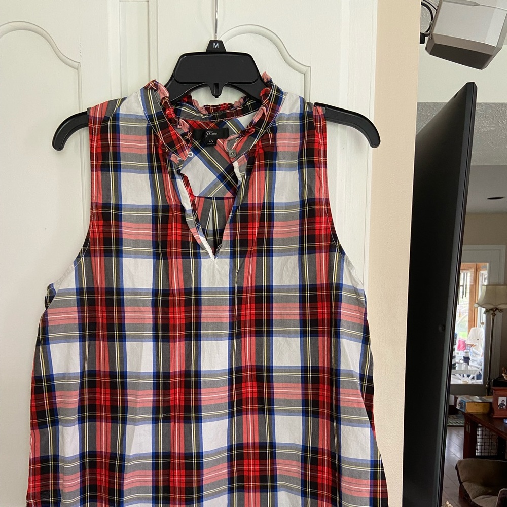 J Crew ruffle neck sleeveless tartan plaid blouse sz 10